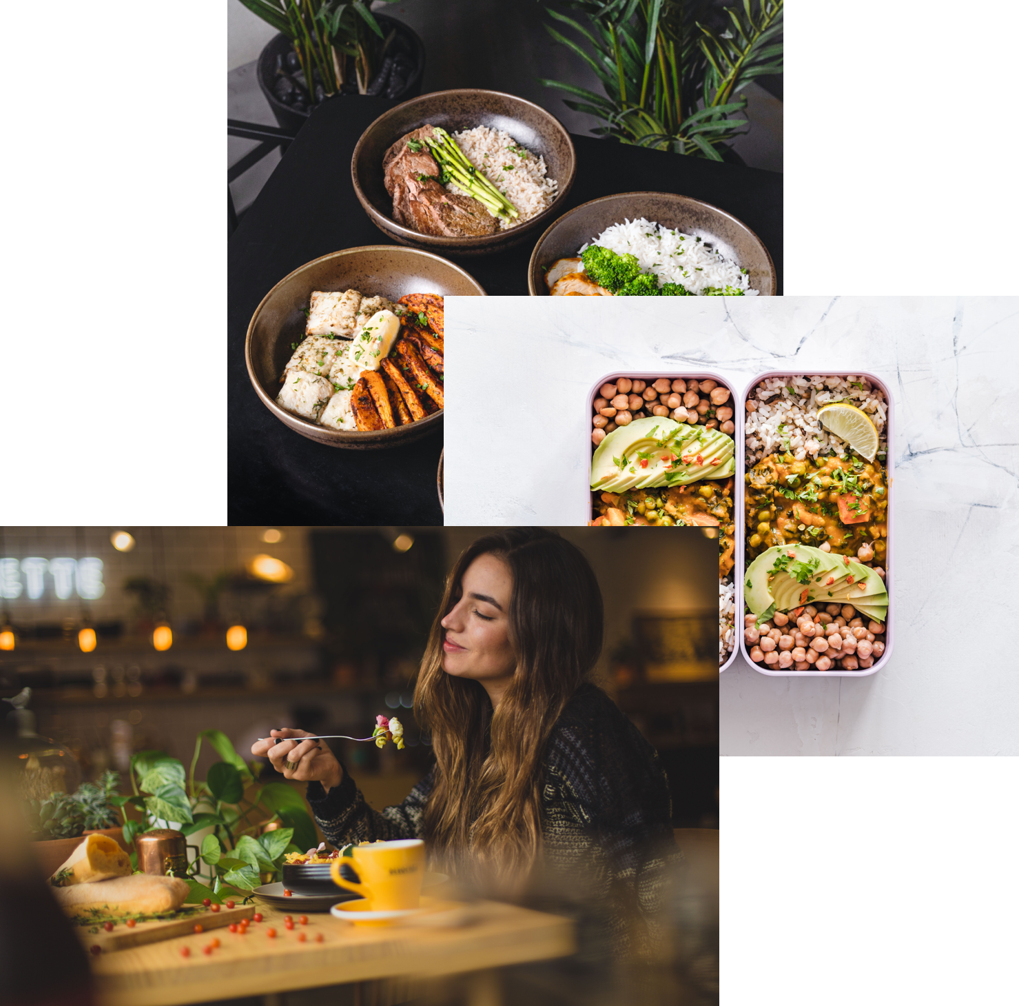 Woman enjoyingfood, and food bowl on the table